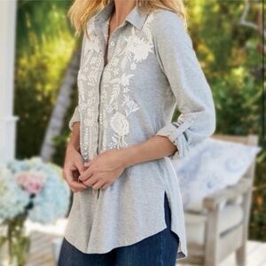 Heather Gray, Soft Surroundings, button Down shirt with design,